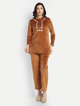 Fnocks - Women Brown Velvet Mandarin Neck Co-Ord Set