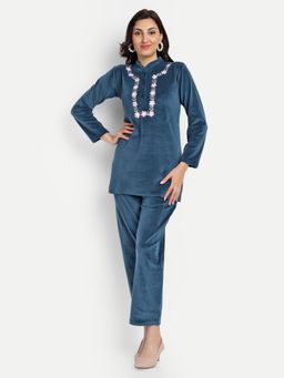 Fnocks - Women Blue Velvet Mandarin Neck Co-Ord Set
