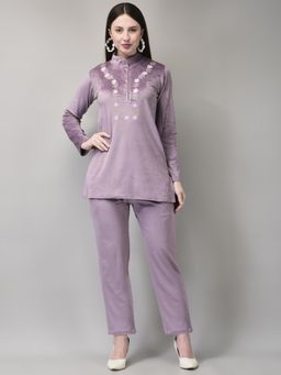 Fnocks - Women Lavender Velvet Mandarin Neck Co-Ord Set