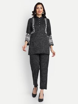 Fnocks - Women Black Wool Mandarin Neck Co-Ord Set