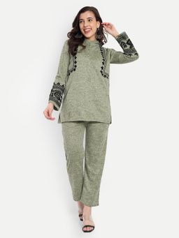 Fnocks - Women Green Wool Mandarin Neck Co-Ord Set