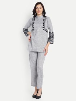 Fnocks - Women Grey Wool Mandarin Neck Co-Ord Set