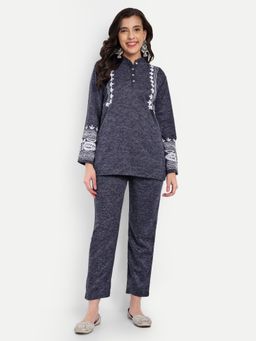 Fnocks - Women Navy Blue Wool Mandarin Neck Co-Ord Set