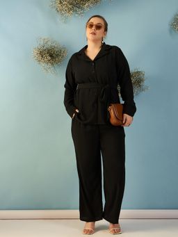 Kibo - Women Black Polyester Notched Lapel Shirt with Pant and Belt