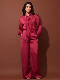 PURVAJA - Women Red Satin Tie Up Neck Co-Ord Set