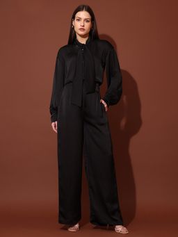 PURVAJA - Women Black Satin Tie Up Neck Co-Ord Set