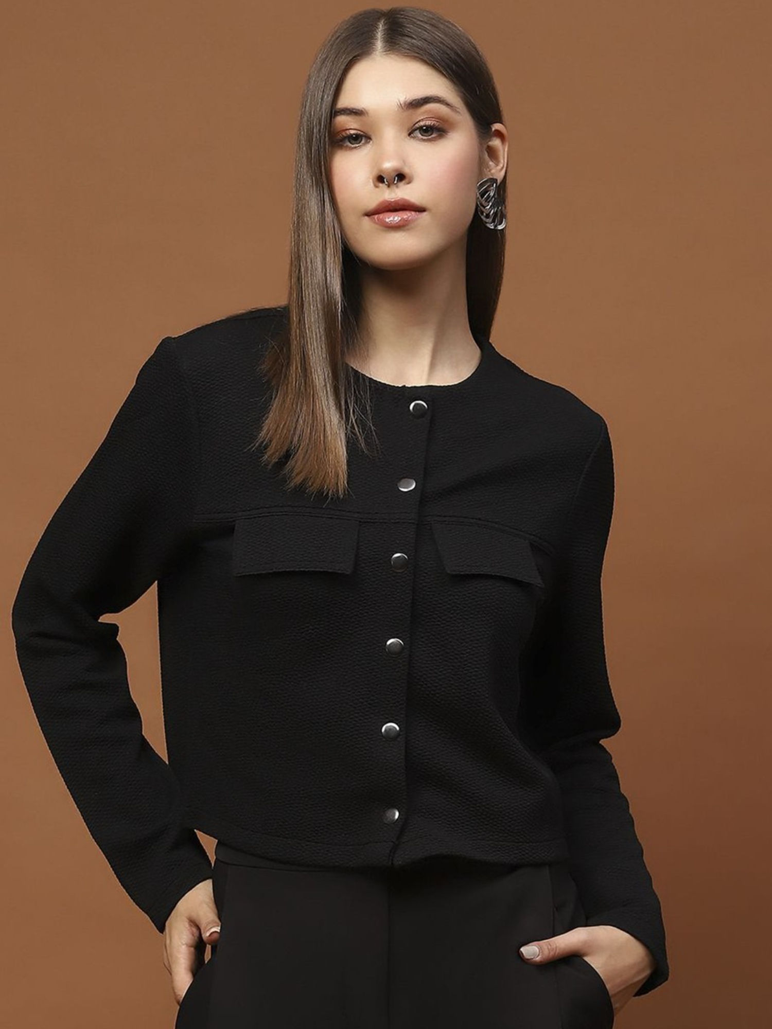 sera Black Crew Neck Button Front Statement Jacket-picture-16