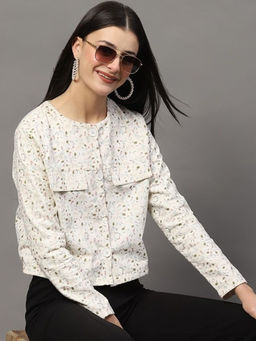 Sera - Off White Crew Neck Button Front Statement Jacket