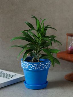 Unravel India - Blue Handmade Planter Pot With Tray In Terracotta