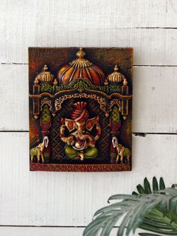 Unravel India - Ganesh With Tusker Duo Fiber Wooden Wall Hanging