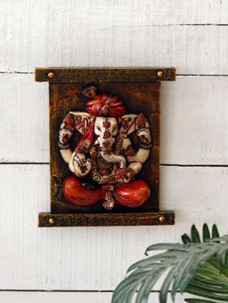 Unravel India - Ganesha On Meditation Fiber Procession Wall Art In Wooden Frame Wall Hanging
