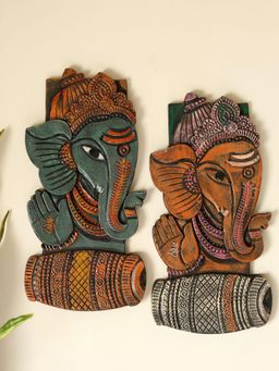 Unravel India - Duo Ganesha With Tabla Fiber Procession Wall Hanging Art In Wooden Frame (Pack of 2)