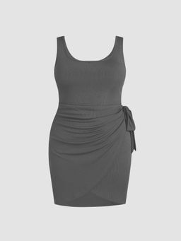Cider - U-neckline Knotted Ruched Sleeveless Mini Dress Curve & Plus