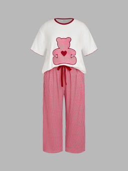 Cider - Bear Heart Short Sleeve Top & Middle Waist Check Trousers Loungewear Set Curve & Plus