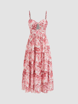 Cider - Landscape Painting Cut Out Knotted Cami Midi Dress