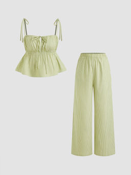 Cider - Square Neck Striped Knotted Crop Cami Top With High Rise Striped Wide Leg Trousers