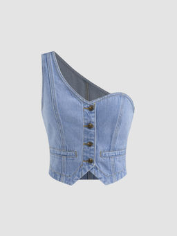 Cider - Denim Asymmetrical Neck Solid Button Crop Top