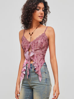 Cider - V-neck Floral Tie Front Bow Lace Ruffle Hem Crop Cami Top