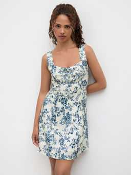 Cider - Square Neckline Floral Pleated Knotted Mini Dress