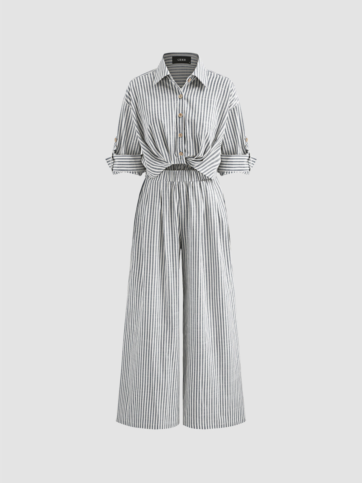 cider Cotton-blend Collar Solid Striped Knotted Roll-up Sleeve Jumpsuit-picture-35
