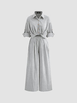 Cider - Cotton-blend Collar Solid Striped Knotted Roll-up Sleeve Jumpsuit