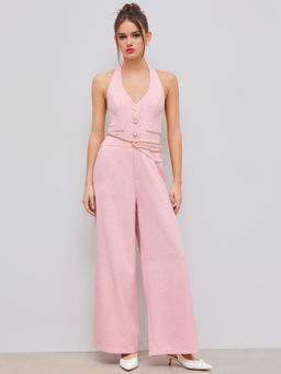 Cider - Tweed Halter Neckline Solid Pocket Faux Pearl Button Jumpsuit