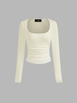 Cider - Square Neck Solid Lace Trim Ruched Long Sleeve Tee