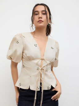 Cider - V-neck Floral Embroidery Tie Front Bow Short Sleeve Blouse