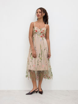 Cider - Sweetheart Neckline Floral Embroidery Mesh Mini Dress