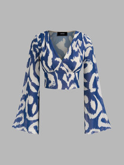 Cider - V-neck Abstract Lettuce Trim Bell Sleeve Crop Blouse