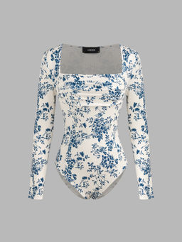 Cider - Square Neck Floral Ruched Bodysuit