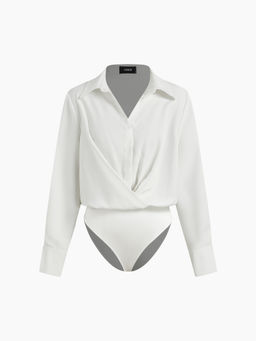 Cider - Collar Solid Ruched Long Sleeve Shirt Bodysuit