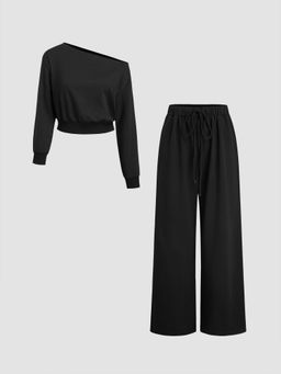Cider - Terry Crop Top & Mid Rise Elastic Waist Wide Leg Trousers Set