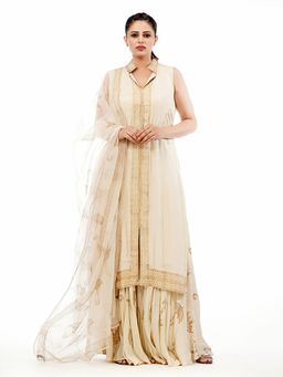 Shruti S - Off White Metallic Printed Sharara (Set of 3)