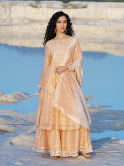WISHFUL by W - Wishful Peach Yarn Dyed Jacquard Flared Kurta with Palazzo and Dupatta