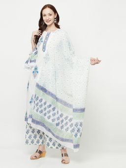 Safaa - Women Cotton White Color Printed Unstitched Dress Material with Dupatta (Set of 3)