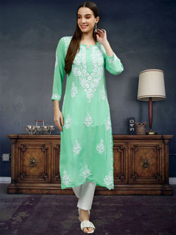 Seva Chikan - Hand Embroidered Sea Green Modal Lucknowi Chikankari Kurta