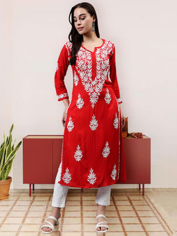 Seva Chikan - Hand Embroidered Red Modal Lucknowi Chikankari Kurta