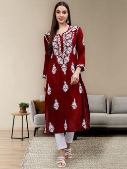Seva Chikan - Hand Embroidered Maroon Modal Lucknowi Chikankari Kurta