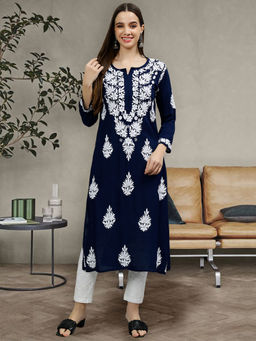 Seva Chikan - Hand Embroidered Navy Blue Modal Lucknowi Chikankari Kurta