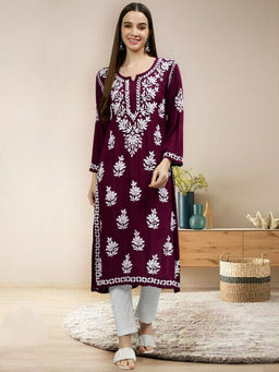 Seva Chikan - Hand Embroidered Wine Rayon Lucknowi Chikankari Kurta