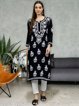Seva Chikan - Hand Embroidered Black Rayon Lucknowi Chikankari Kurta