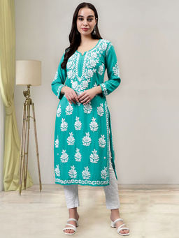 Seva Chikan - Hand Embroidered Turquoise Green Rayon Lucknowi Chikankari Kurta