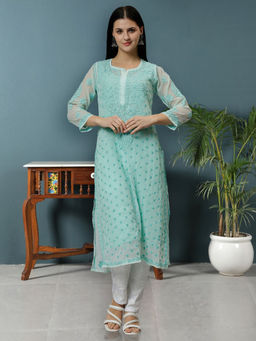 Seva Chikan - Embroidered Green Georgette Lucknowi Chikankari Kurta with Inner (Set of 2)