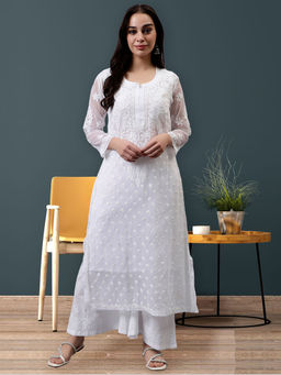 Seva Chikan - Hand Embroidered White Georgette Lucknowi Chikankari Kurta with Inner (Set of 2)