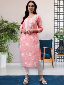 Seva Chikan - Hand Embroidered Peach Torivio Cotton Lucknowi Chikankari Kurta
