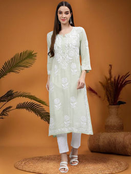 Seva Chikan - Hand Embroidered Pista Green Modal Lucknowi Chikankari Kurta