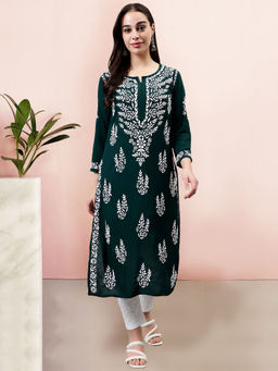 Seva Chikan - Hand Embroidered Dark Green Modal Lucknowi Chikankari Kurta