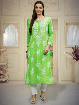 Seva Chikan - Hand Embroidered Parrot Green Modal Lucknowi Chikankari Kurta