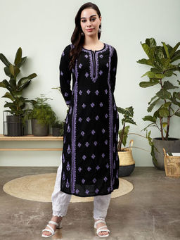 Seva Chikan - Hand Embroidered Black Cotton Lucknowi Chikankari Kurta